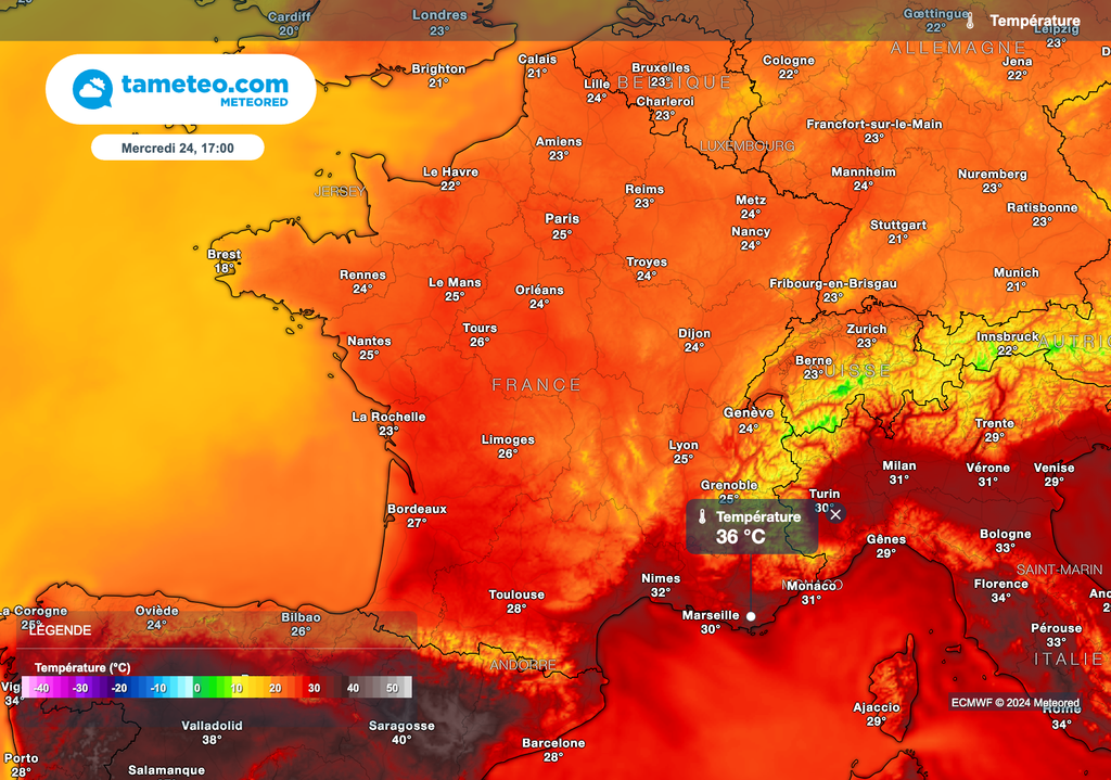 Températures prévues mercredi après-midi. Températures prévues mercredi après-midi.