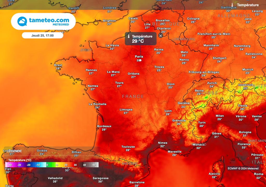 Températures prévues jeudi après-midi. Températures prévues jeudi après-midi.