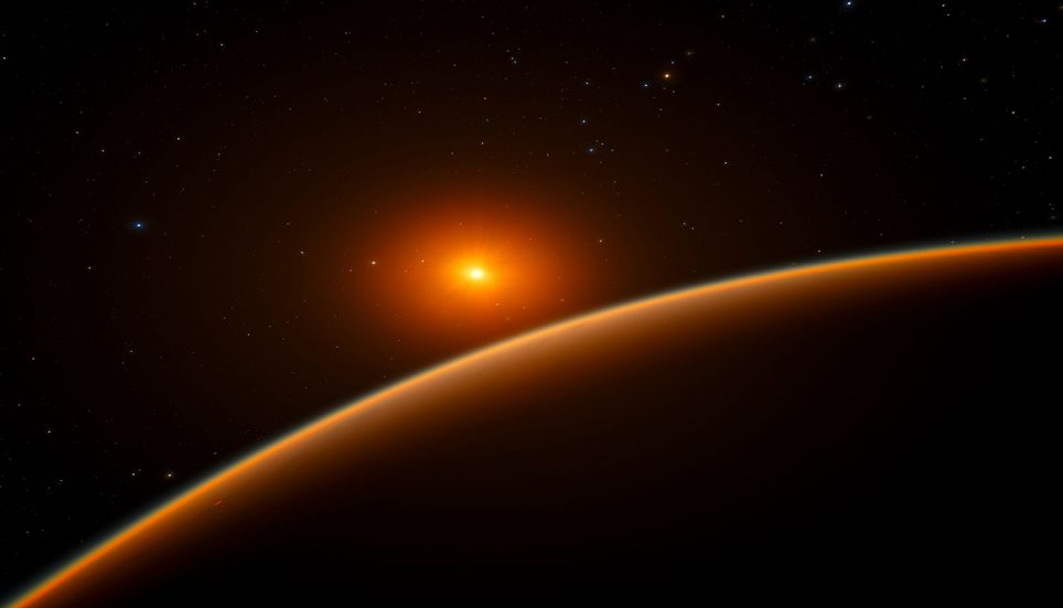 Bien que l’étoile LHS 1140 soit plus froide que le Soleil, son rayonnement est suffisamment intense pour provoquer l’évaporation de l’atmosphère de ses planètes. Crédit : ESO/spaceengine.org
