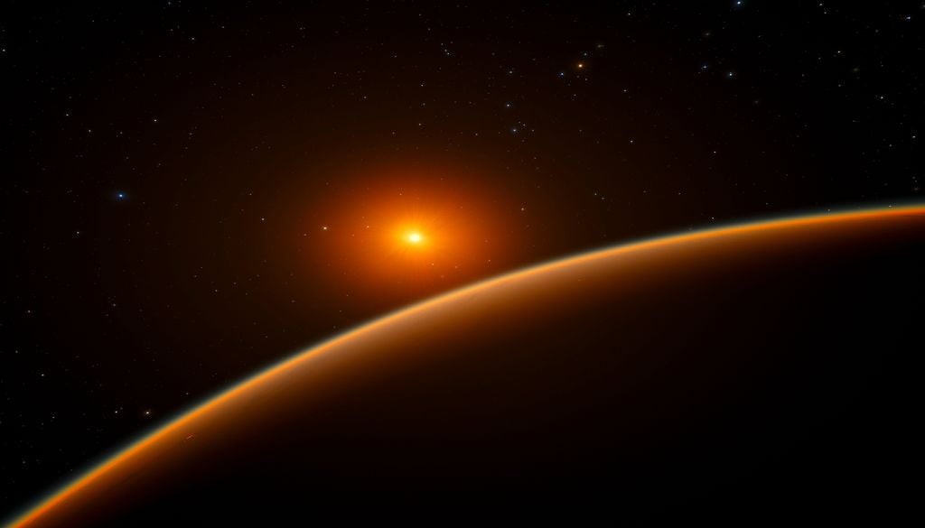Sebbene la stella LHS 1140 sia più fredda del Sole, riesce a irraggiare il suoi pianeti causandone l'evaporazione dell'atmosfera. Credit: Di ESO/spaceengine.org