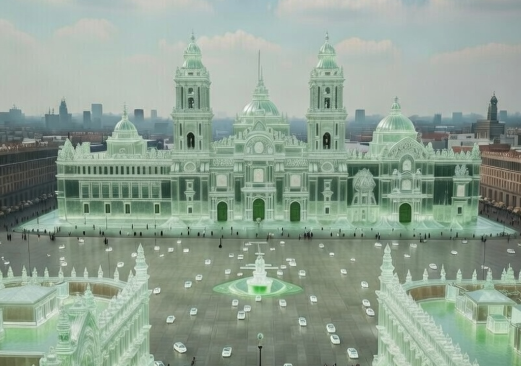 Representación con inteligencia artificial del Zócalo de la Ciudad de México como una gelatina gigante.
