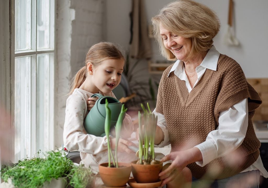 Niña con su abuelita regando plantas en casa Niña con su abuelita regando plantas en casa