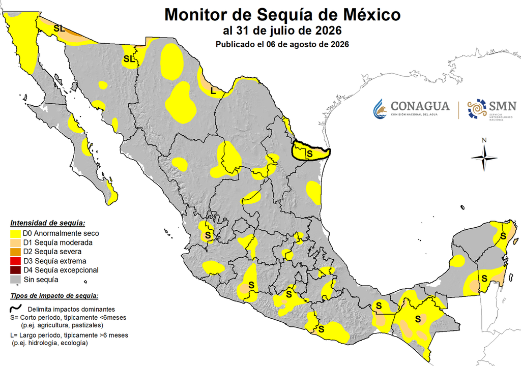 Monitor de Sequía SMN-CONAGUA La Sequía presentó extensión del 2.7% durante julio por déficit de precipitaciones asociado a la Canícula. No obstante, lluvias torrenciales regresarán en próximas semana.