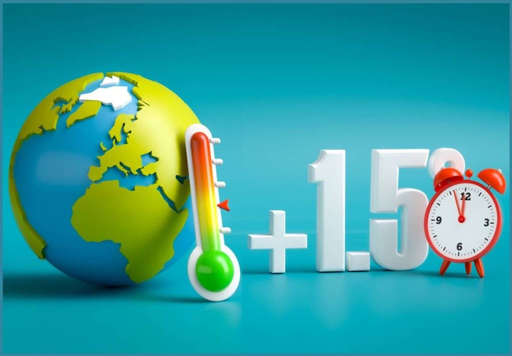 planeta acompañado de un termómetro, el símbolo de más uno como cinco grados y un reloj; concepto de calentamiento global