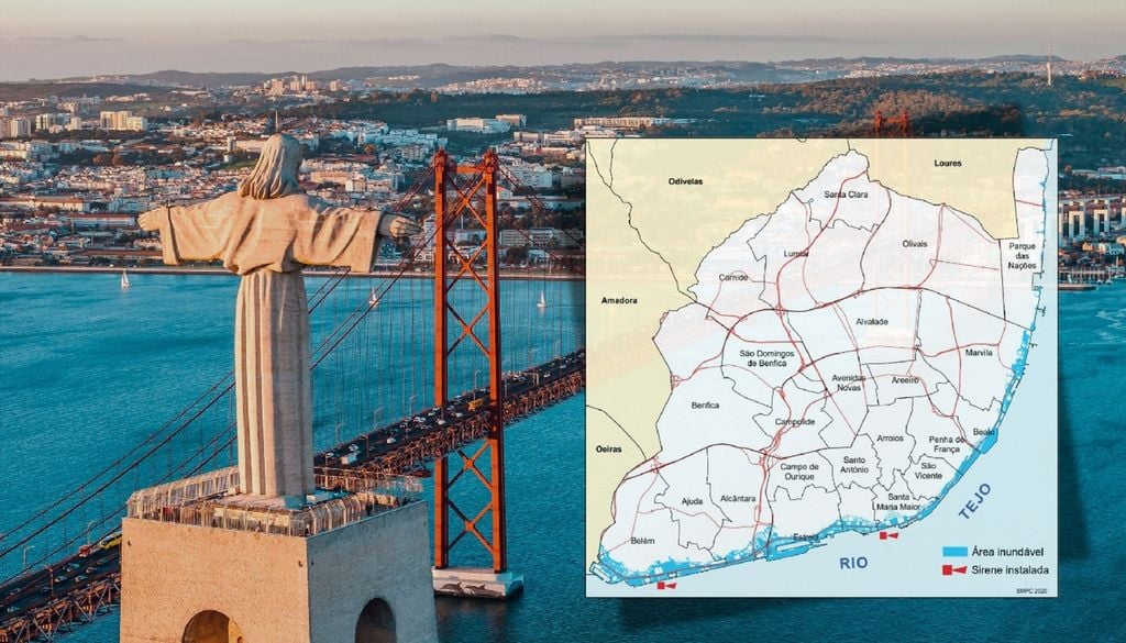 Tejo e mapa da área ribeirinha com ás áreas de Lisboa inundáveis A faixa ribeirinha de Lisboa é particularmente vulnerável aos efeitos de um tsunami, sendo a zona entre Belém e Santa Apolónia a mais exposta. Imagens: Canva e CML