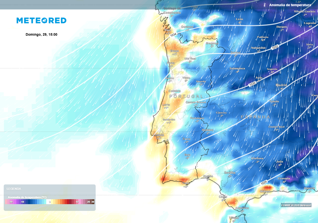 Em plenas 15:00 da tarde do Domingo de Ramos (29), observa-se uma dicotomia litoral-interior em Portugal continental, com um interior com temperaturas geralmente abaixo do normal, fruto da passagem, ainda que 'de raspão', de ar polar continental, mais frio e seco.