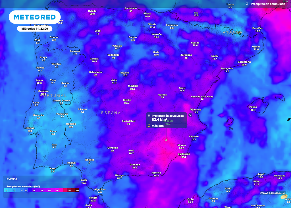 Acumulados de precipitación previstos hasta la noche del miércoles en la península y Baleares.