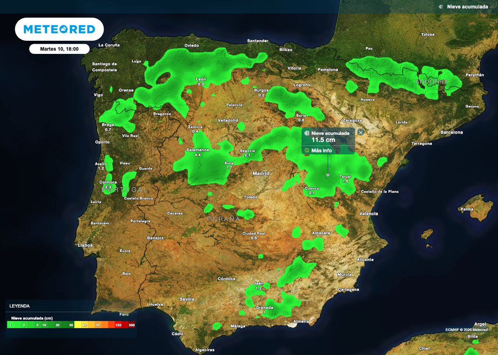 Nieve acumulada en el suelo en la tarde del martes, según el modelo europeo.