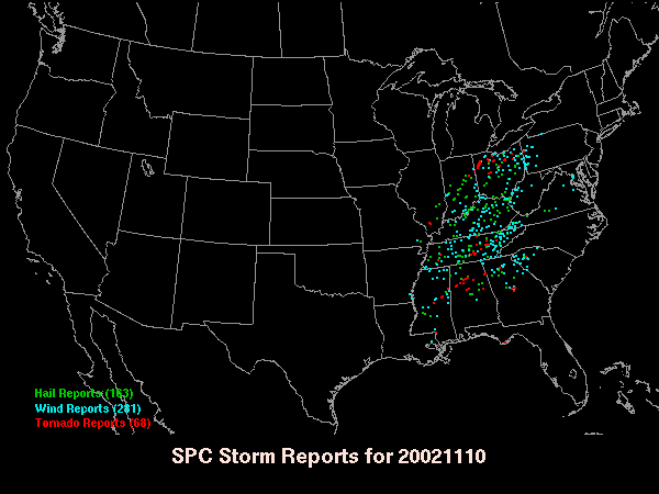 Listado de los tornados asesinos de evento de los días 9-10 de Noviembre de 2002 en US