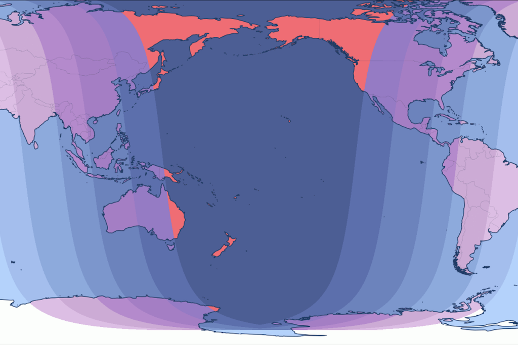 Mapa de visibilidad del próximo eclipse lunar total. Será visible en todo el pacífico. Crédito: tiemanddate.