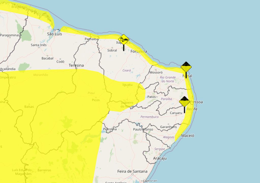 Mapa de alertas emitidos pelo INMET para o litoral da região Nordeste neste final de semana