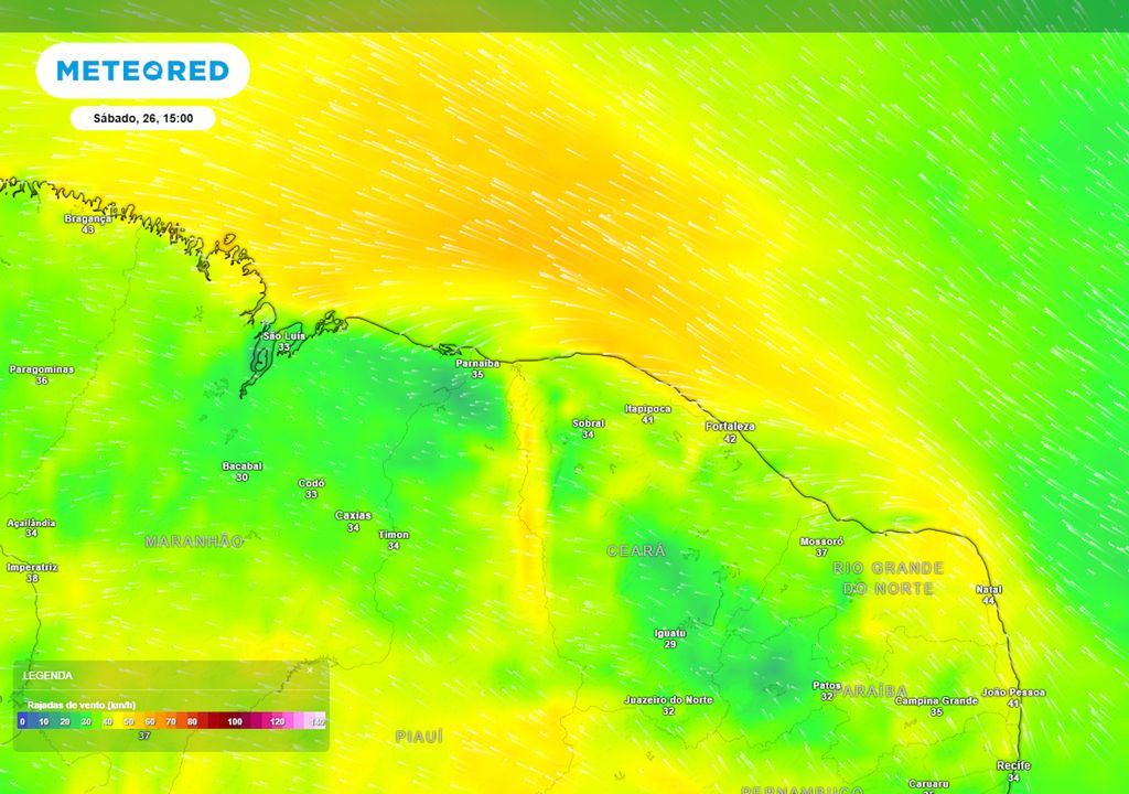 Previsão de rajadas de vento no sábado durante a tarde.