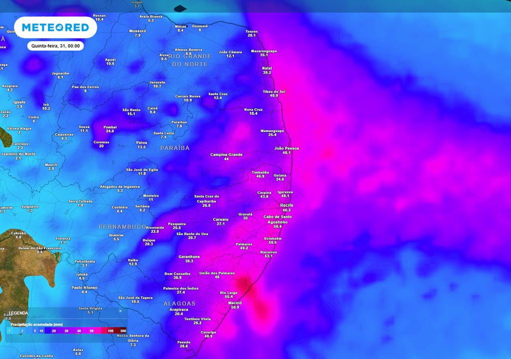 Previsão de acumulados totais de chuva até o final da quinta-feira.