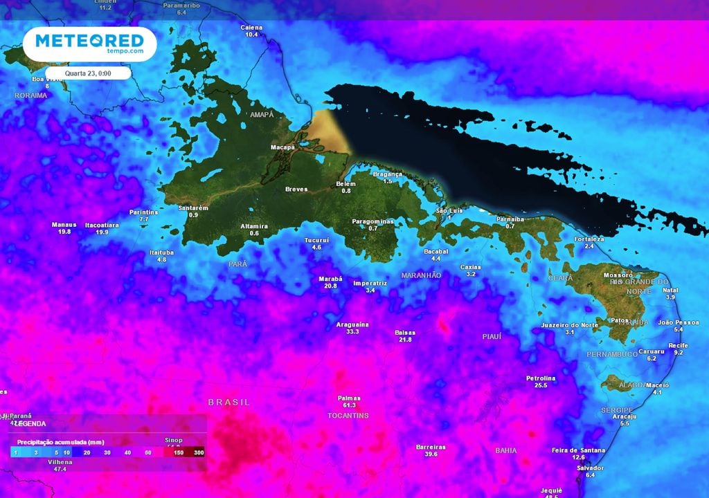 Previsão de acumulados totais de chuva até a próxima quarta-feira.