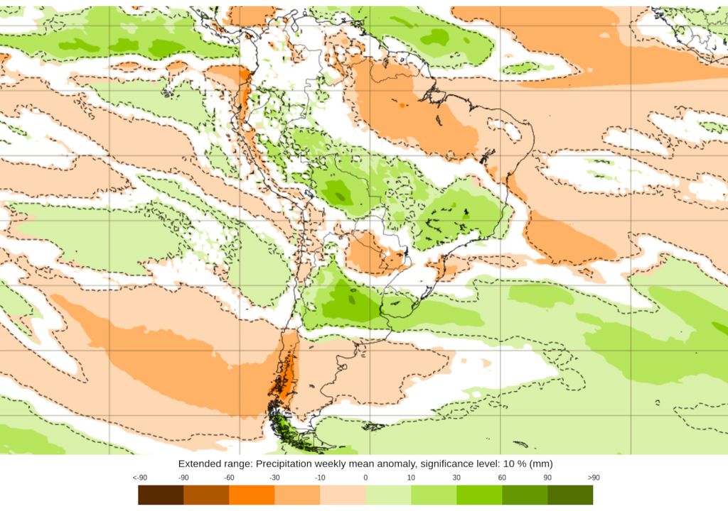 Previsão de anomalia de chuva do modelo ECMWF entre 21/10 e 28/10.