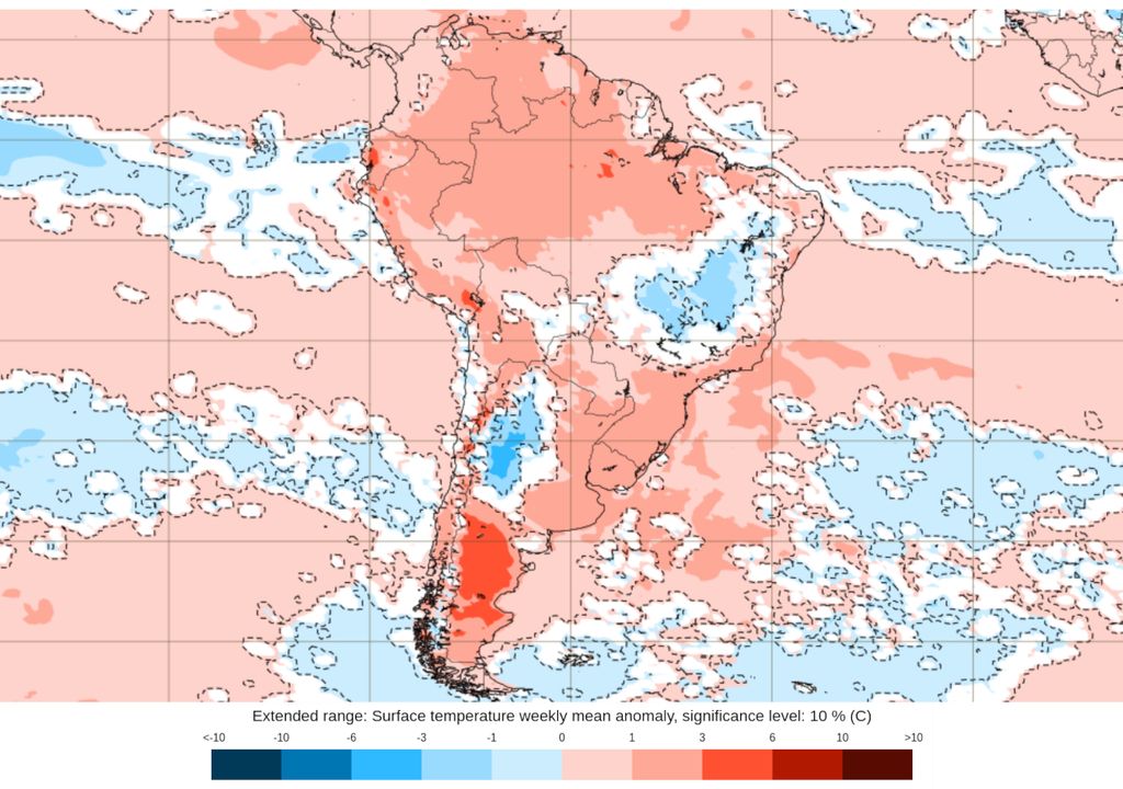 Previsão de anomalia de temperatura do modelo ECMWF entre 21/10 e 28/10.