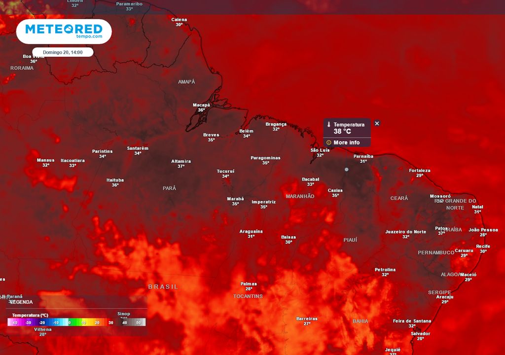 Previsão de temperaturas máximas no domingo durante a tarde.