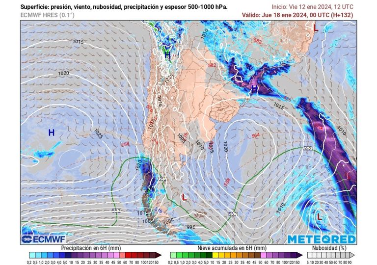presión, nubes y precipitaciones previstas por el modelo del ecmwf para Chile