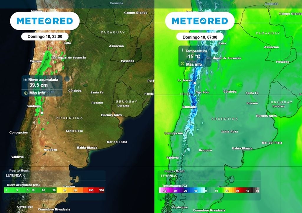 mieve y heladas en el Día de la Madre A la izquierda los acumulados de nieve hasta la noche del domingo 18. Derecha: temperaturas mínimas estimadas para el domingo 18 de octubre