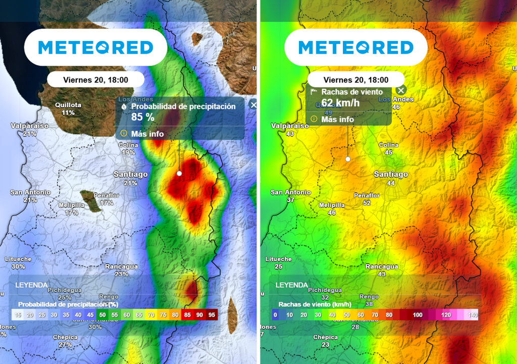 Probabilidad de lluvias y rachas de viento Mientras la probabilidad de lluvias supera el 80 % en la RM, las rachas de viento podrían alcanzar los 60 km/h en el valle metropolitano este viernes.