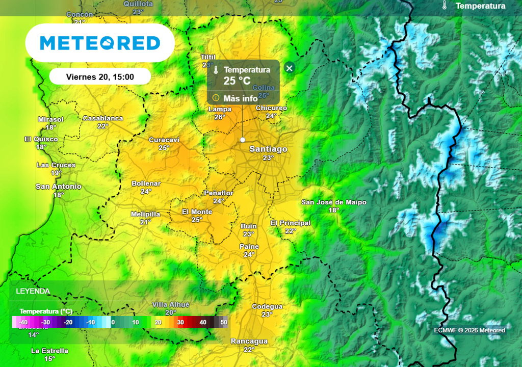 Temperaturas máximas Las máximas bajarán considerablemente este viernes: llegarían solo hasta los 25 °C en Santiago.