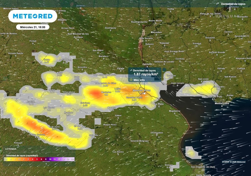 Densidad de rayos Miércoles 21 de Octubre a las 18 h. Densidad de rayos para el Miércoles 21 de Octubre a las 18 h, según el modelo ECMWF.