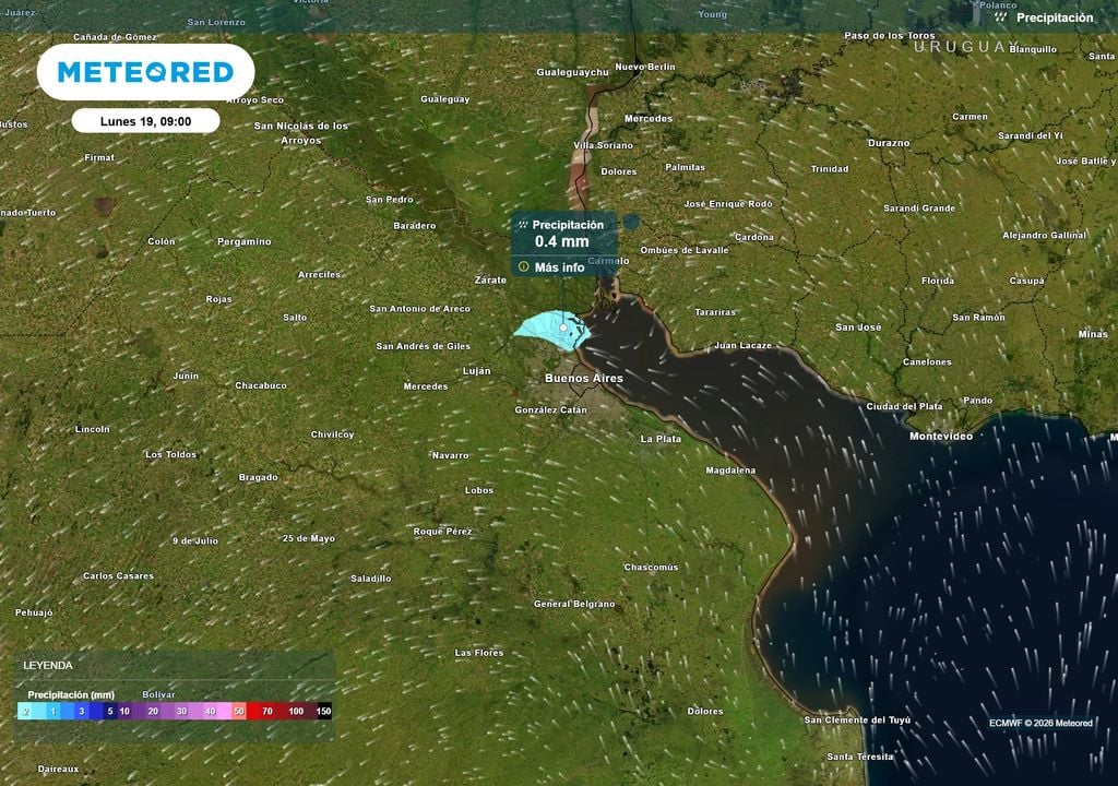 Precipitación Lunes 19 de Octubre a las 09 h. El lunes podría registrarse alguna lluvia débil y aislada en el AMBA.