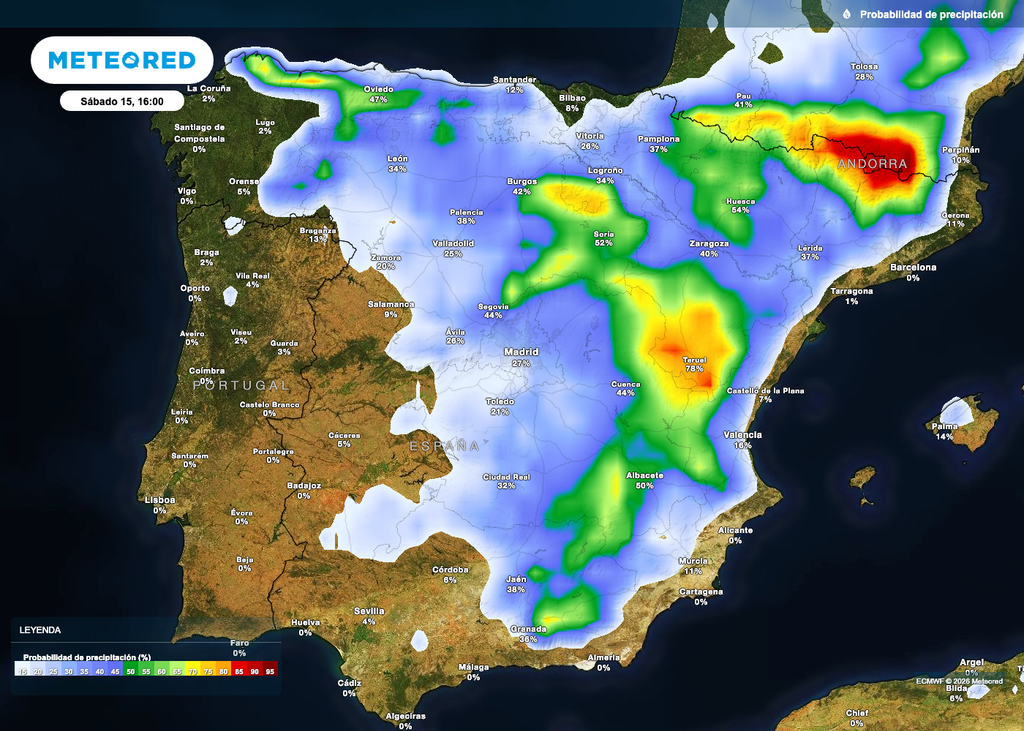 Lluvias este fin de semana Este sábado la probabilidad de lluvia será elevada en zonas interiores de la mitad este peninsular, sobre todo en el Sistema Ibérico y en los Pirineos.