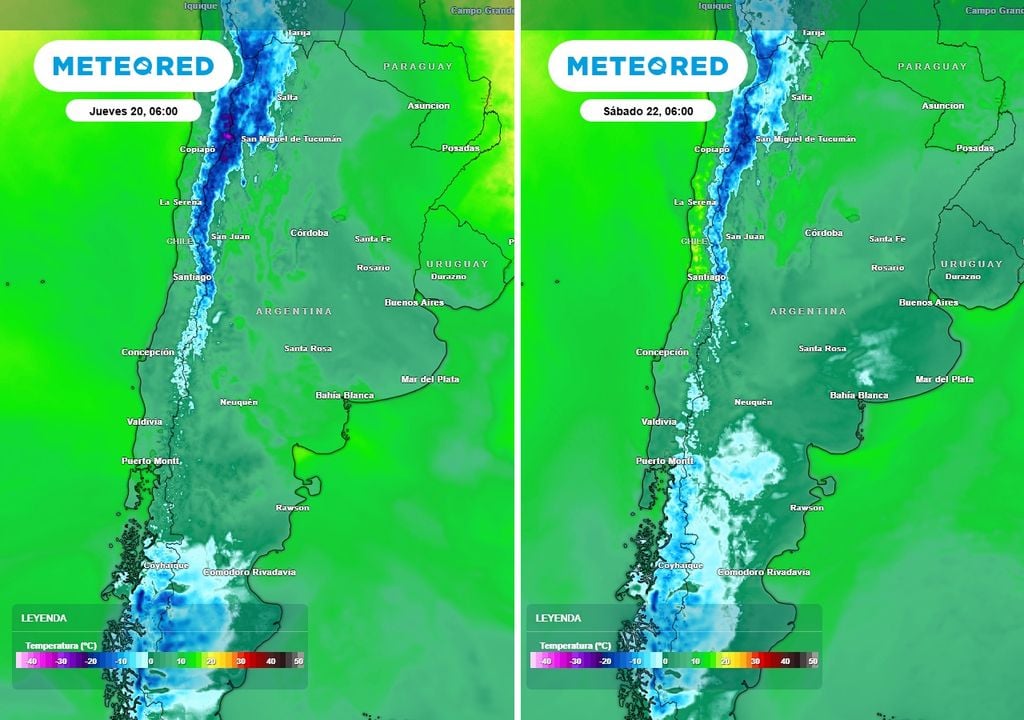 Temperaturas mínimas El contraste entre las temperaturas a las 6 AM del jueves versus las del sábado es evidente, y marca el avance del aire frío polar en territorio argentino.