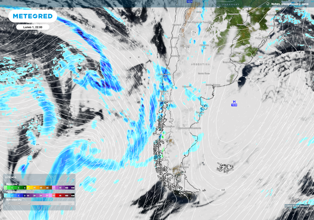 mapa de precipitación. El lunes se registrar+an prcipitaciones desde el Biobío al sur, según el modelo ECMWF.