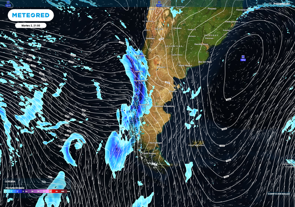 mapa de precipitación. Avance del primer sistema frontal de junio sobre el sur de Chile durante la noche del martes 2. Las lluvias más intensas se concentrarán entre La Araucanía y Aysén, según el modelo ECMWF.