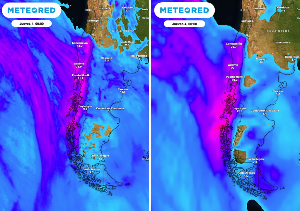 Mapas de precipitación acumulada (ECMWF y GFS) entre el lunes 1 y el miércoles 3 de junio, donde las precipitaciones más abundantes (color rosa) tras el paso de frentes se acumularán entre Ñuble y el norte de Magallanes.