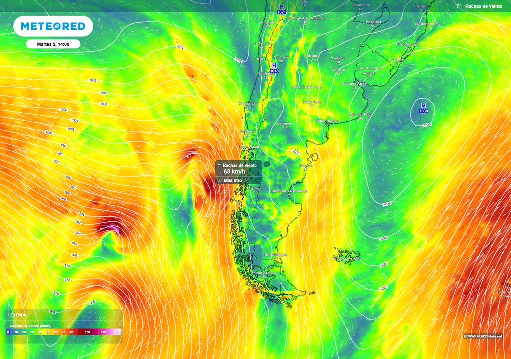 Se espera viento en el sur del país, principalmente el martes 2, tras el ingreso de un sistema frontal. Las ráfagas podrían superar los 60 km/h.