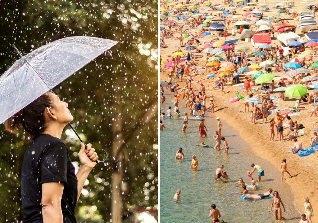 persona con paraguas bajo la lluvia, usando camiseta corta. Personas en una playa, disfrutando de un día caluroso persona con paraguas bajo la lluvia, usando camiseta corta. Personas en una playa, disfrutando de un día caluroso