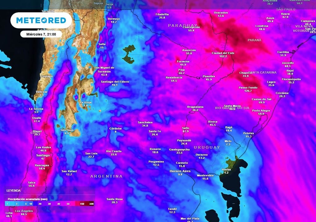 Valores de precipitación acumulada hasta el miércoles 7 de septiembre, estimados por nuestro modelo de referencia, el ECMWF de Meteored.