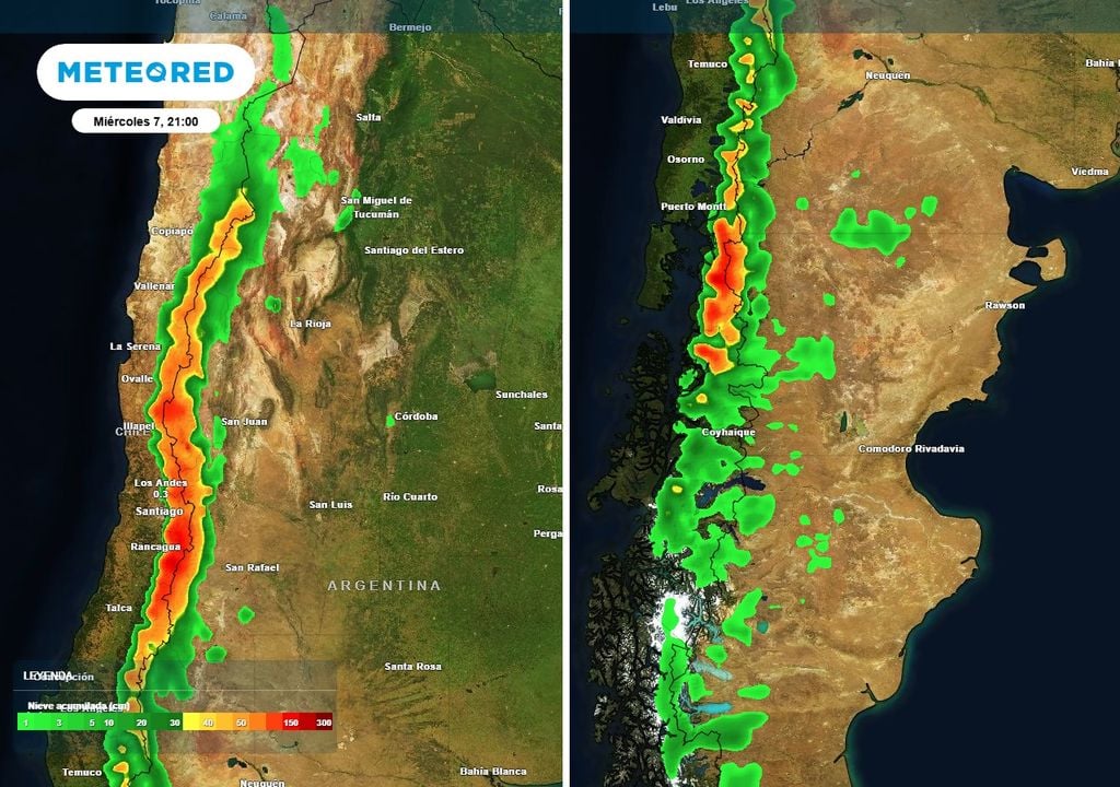 Este fin de semana, el viento zonda y la nieve estuvieron presentes en sectores del oeste argentino. En el mapa se ven los acumulados de nieve hasta la noche del miércoles.
