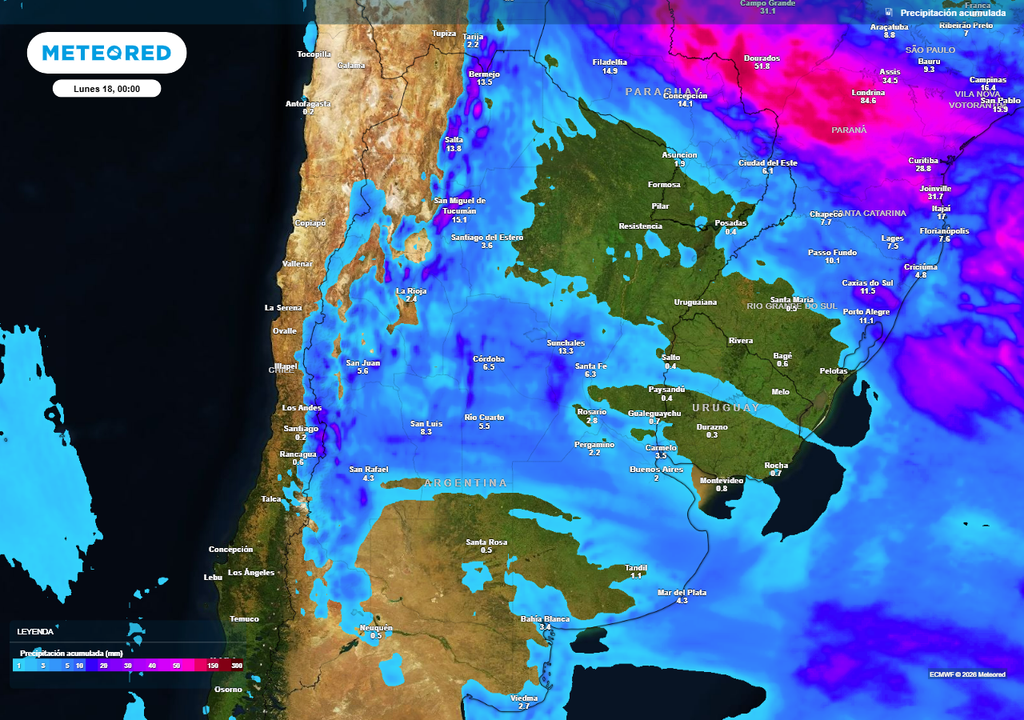 Precipitaciones previstas hasta el domingo 17 en la República Argentina.