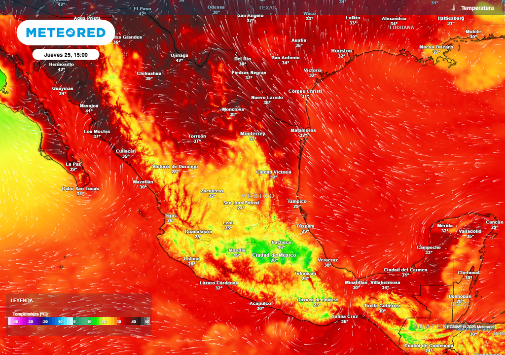Pronóstico de temperaturas en grados Celsius Intenso calor veraniego dominará el norte y Golfo de México con 35-45 °C, combinándose con humedad para sentirse bochorno superior a 46 °C.