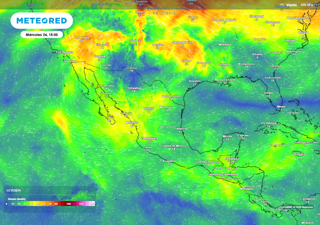 Pronóstico de viento a 5.5 km de altitud Un anticiclón se posicionará en estados del norte, incrementando el calor con más de 40 °C, pero fortalecerá al Monzón con lluvias a finales de semana.