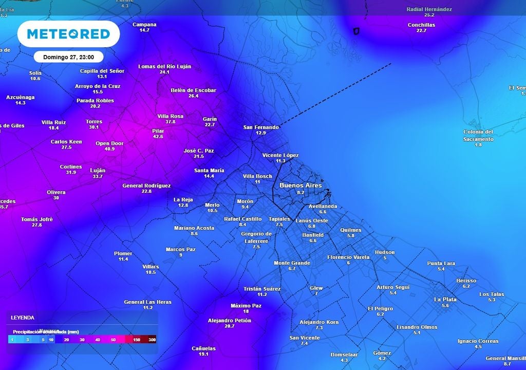 Mapa lluvias Nuestro modelo de referencia, el ECMWF, muestra la posición de las áreas de mayores acumulados de precipitación, destacando los del noroeste del AMBA con más de 30 mm el domingo.