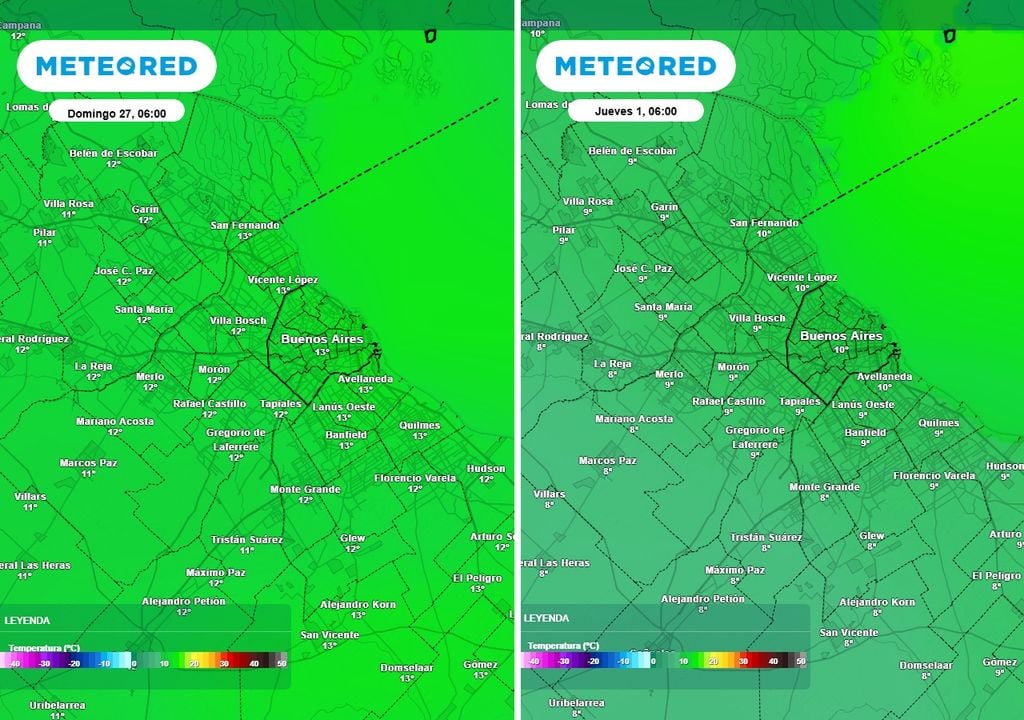 Temperaturas mínimas Comparación de las temperaturas a las 6 AM del domingo (izq.) con las del jueves (der.), marcando la entrada temporaria de aire más frío luego del pasaje del frente
