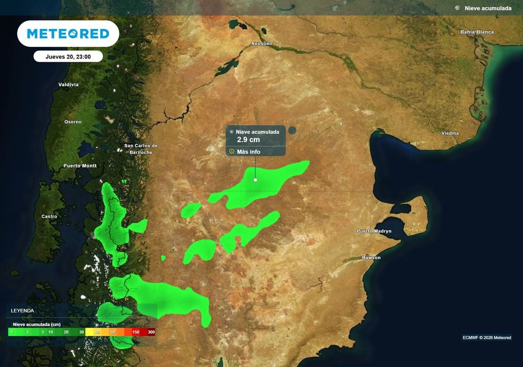 Nieve acumulada jueves 20 de Agosto a las 23 h. Nieve acumulada para el jueves 20 de Agosto a las 23 h según el modelo ECMWF.