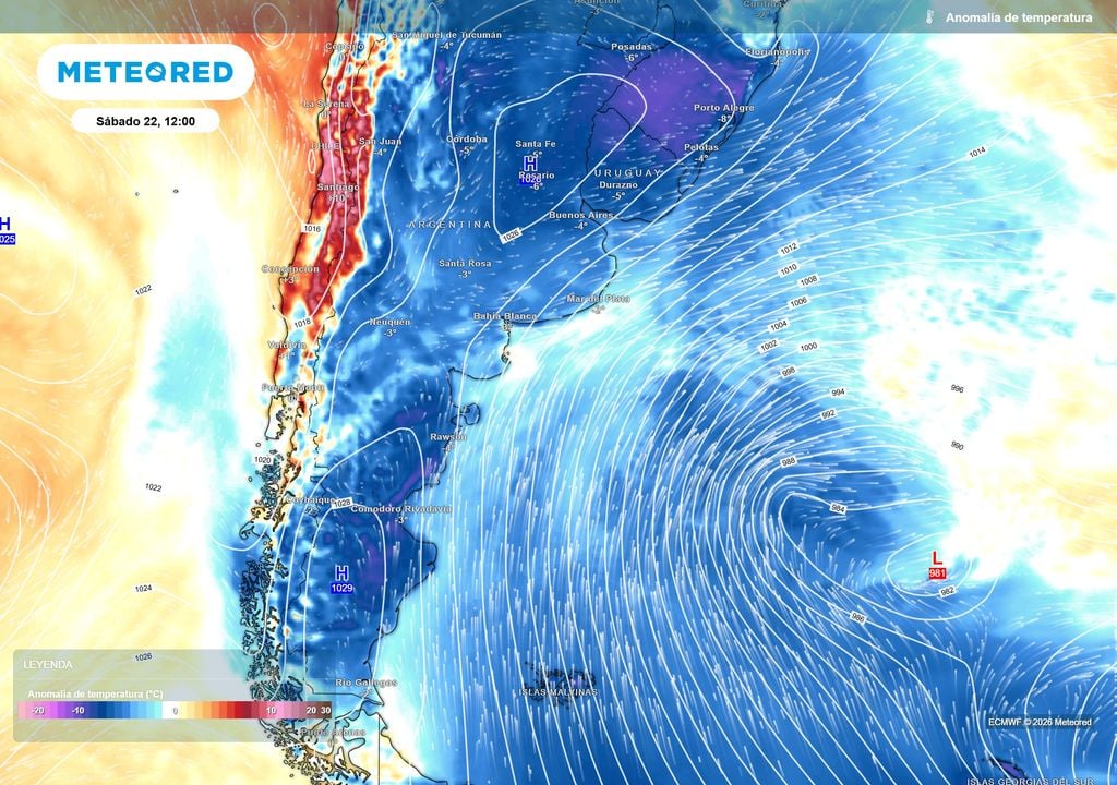 Anomalía de temperatura Sábado 22 de Agosto a las 12 h. Anomalías de temperatura según el modelo ECMWF para este Sábado 22 de Agosto a las 12 h.