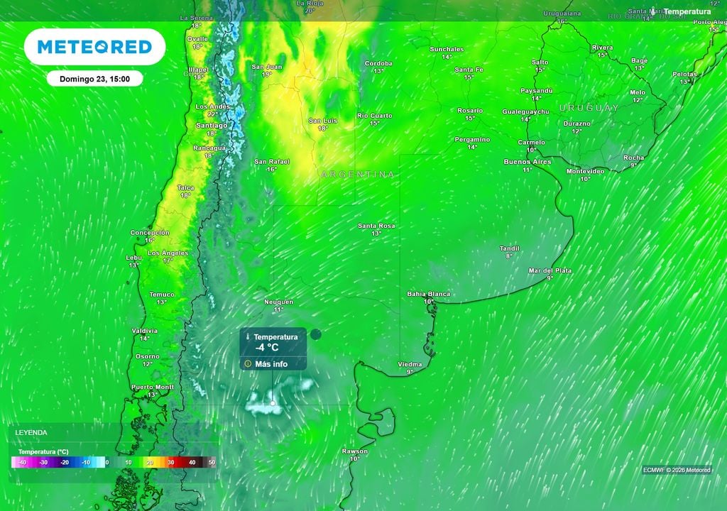 Temperatura Domingo 23 de Agosto a las 15 h. El domingo en el sur de Río Negro y el norte de Chubut podrían registrar temperaturas máximas bajo cero.