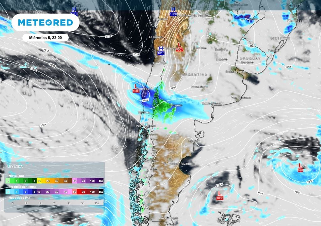 sinoptica nieve La llegada de un nuevos sistema de baja presión desde el océano Pacífico será responsable de una nueva etapa de lluvias y nevadas sobre el norte de la Patagonia.