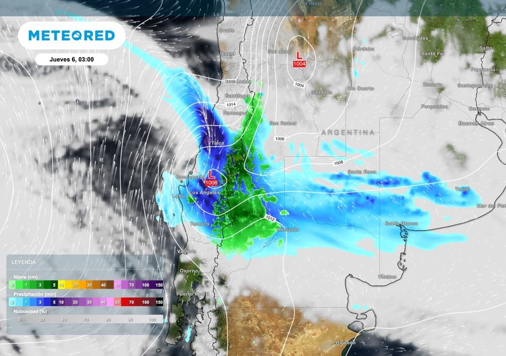 Sinoptica Patagonia El ingreso de un sistema de baja presión desde el océano Pacífico producirá lluvias y nevadas sobre el norte de la Patagonia, con nevadas intensas en la cordillera del centro y norte de Neuquén.