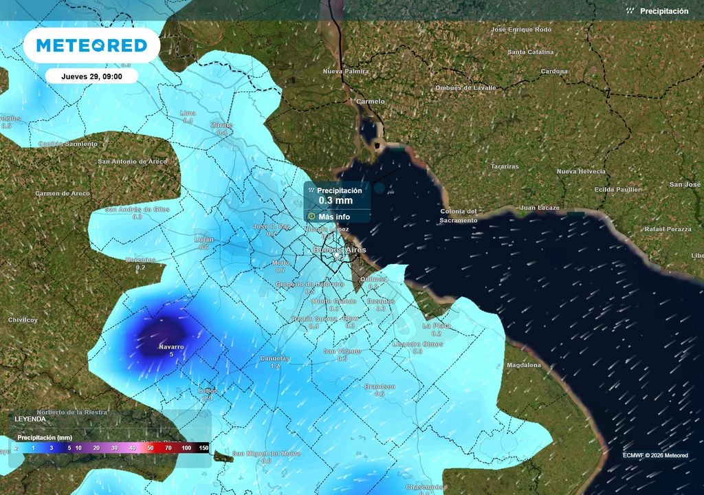 Precipitación Jueves 29 de Octubre a las 9 h. Nuestro modelo de confianza, el ECMWF prevee la llegada del frente frío con lluvias el jueves 29 de Octubre en Buenos Aires.