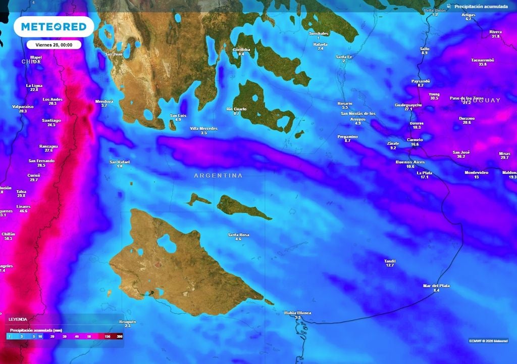 Argentina tiempo pronóstico temporal Próximas 72 horas con nevadas significativas en la cordillera central, y lluvias y tormentas sobre la región central.