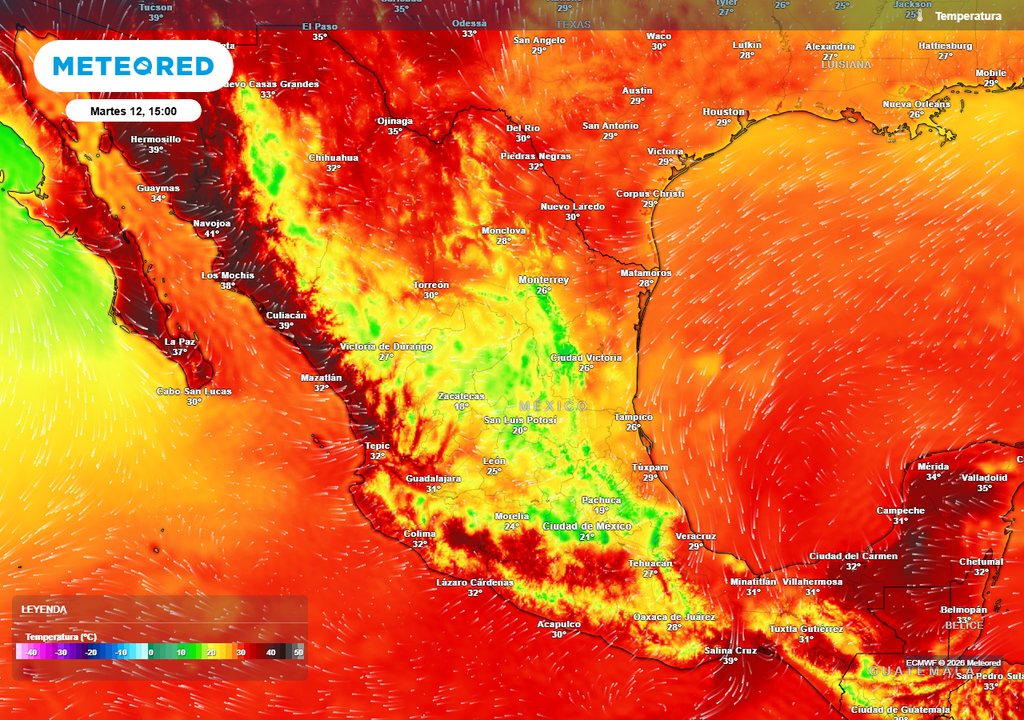El ambiente se refrescará en el interior del país con 15-25 °C iniciando la semana, mientras el Norte, Noreste y Oriente rondarían 25-35 °C continuando caluroso el Noroeste y Sureste con 35-44 °C.