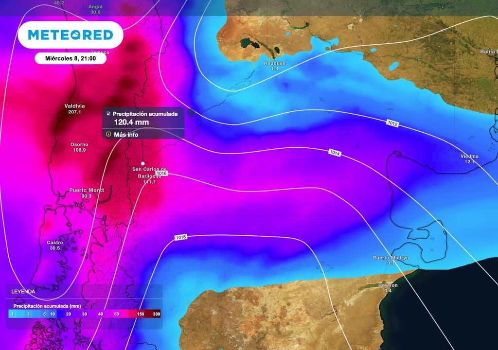 Lluvia acum Las lluvias acumuladas entre martes 7 y miércoles 8 pueden superar los 120 mm en el área del lago Nahuel Huapi. Luego se suman nuevas precipitaciones de lluvia y nieve entre jueves y viernes.